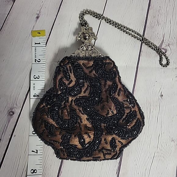 Beaded Hand Purse Vintage Antique Brown W/ Black Beads Metal Clasp/Chain - Picture 9 of 10